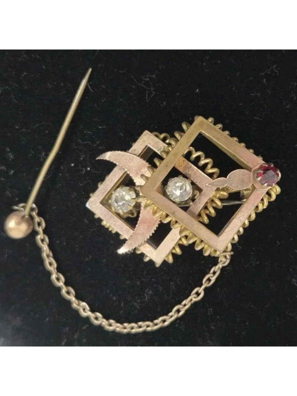 Antique Victorian Gilt Brass Brooch Paste Stones & Red Glass, Added Safety Chain - Picture 4 of 16